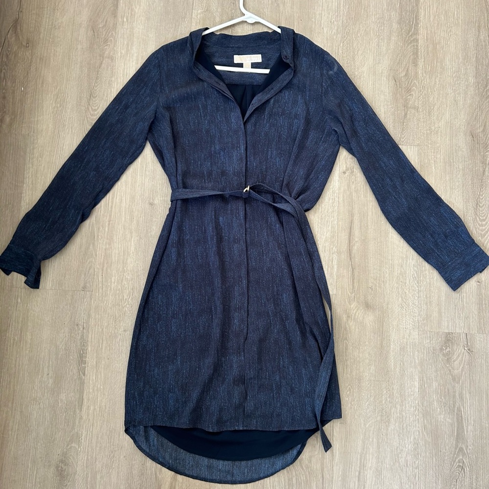 Michael Kors Printed Chiffon Belted Shirt Dress Shirtdress Blue Indigo